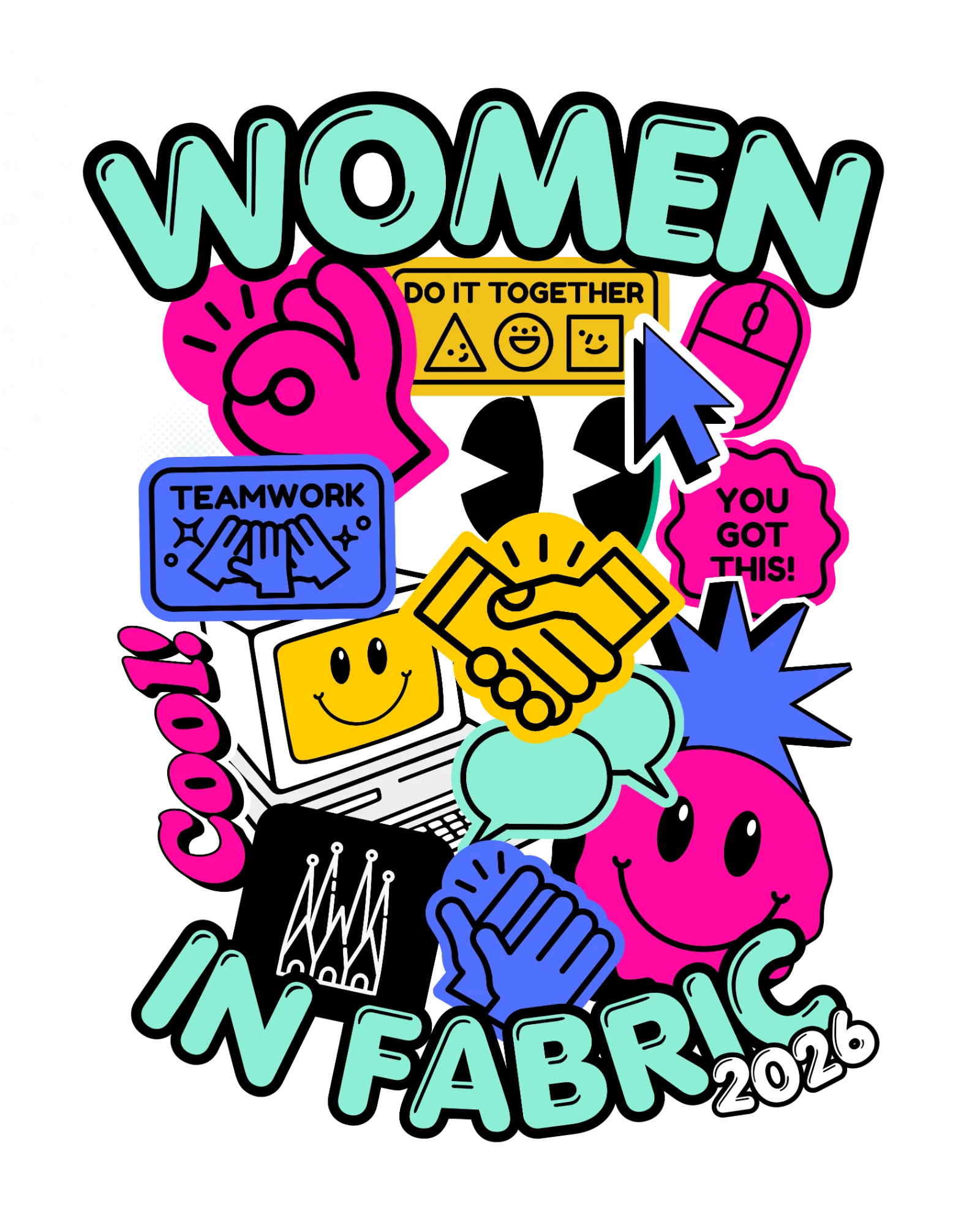 Ilustración de Women in Fabric 2026 con pegatinas de colores